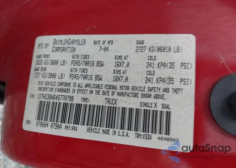 2004 Dodge Dakota Sport/Sxt из США, поврежденный, VIN 1D7HG38N64S770798